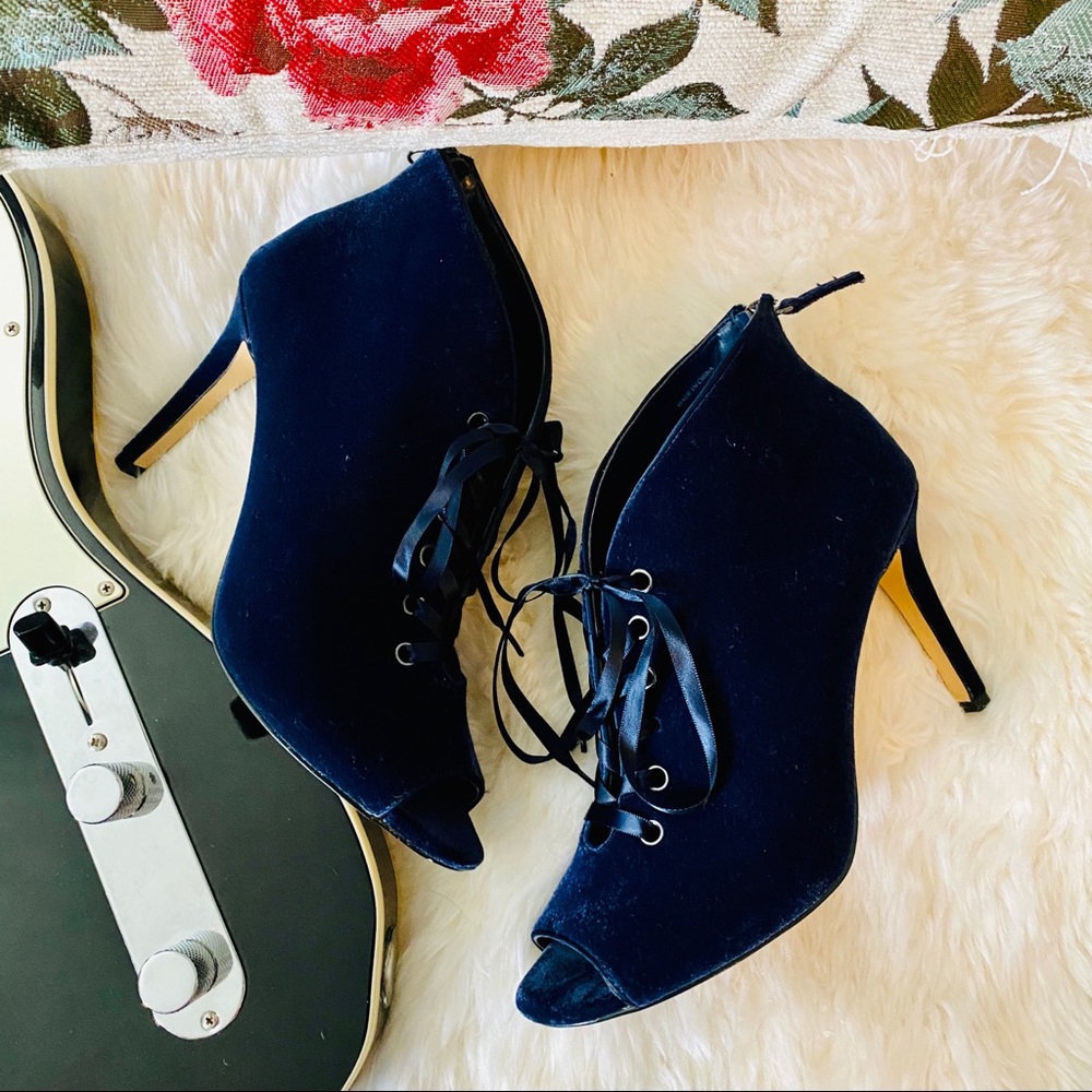 WHBM “Dasher” Blue Velvet Peep Toe Bootie